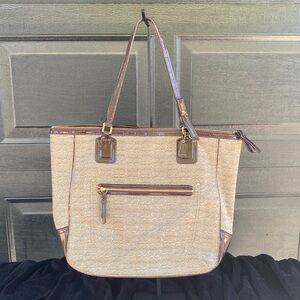Coach Beige Signature Fabric Tote with Shiny Brown Trim